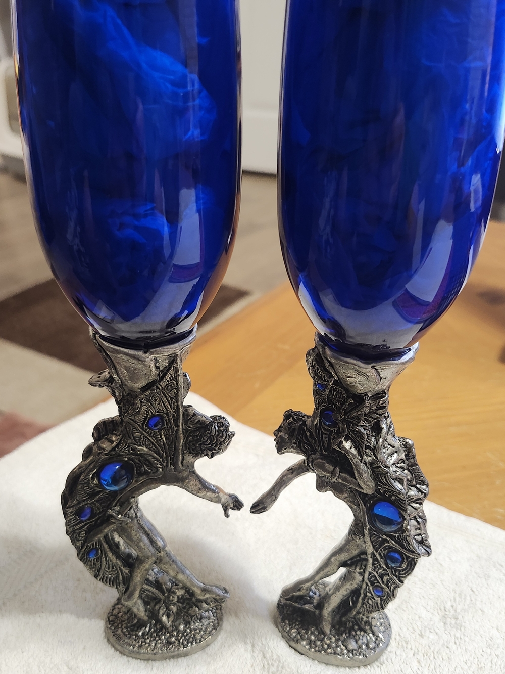 Fellowship Foundry "Arthur & Guinevere" Pewter & Cobalt Blue Toasting Flutes